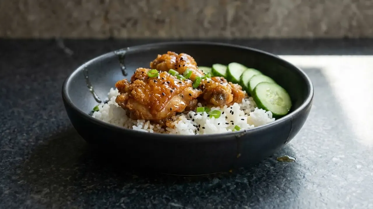 Knuspriges Honig-Butter-Knoblauch-Hähnchen mit Reis