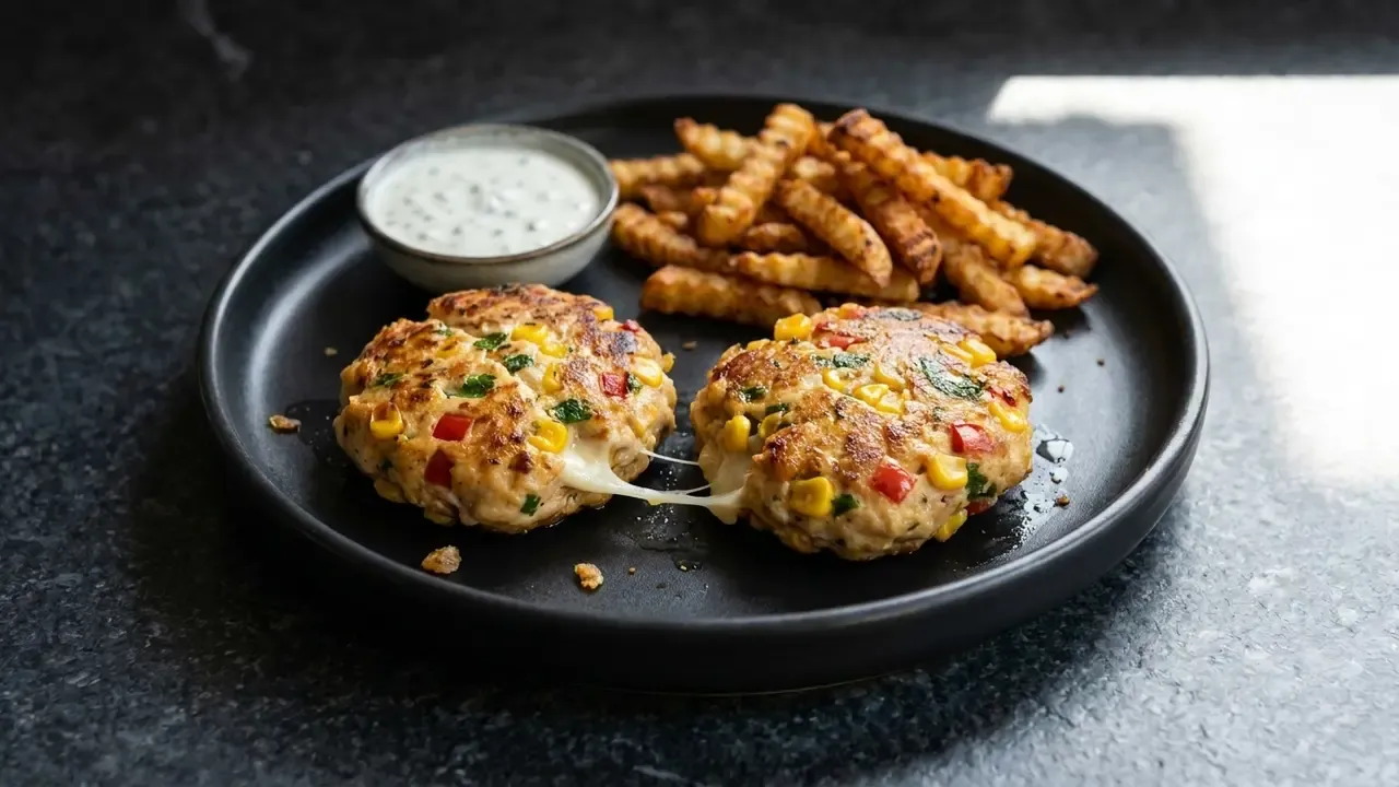 High Protein Cheesy Chicken Steaks mit Airfryer Fries