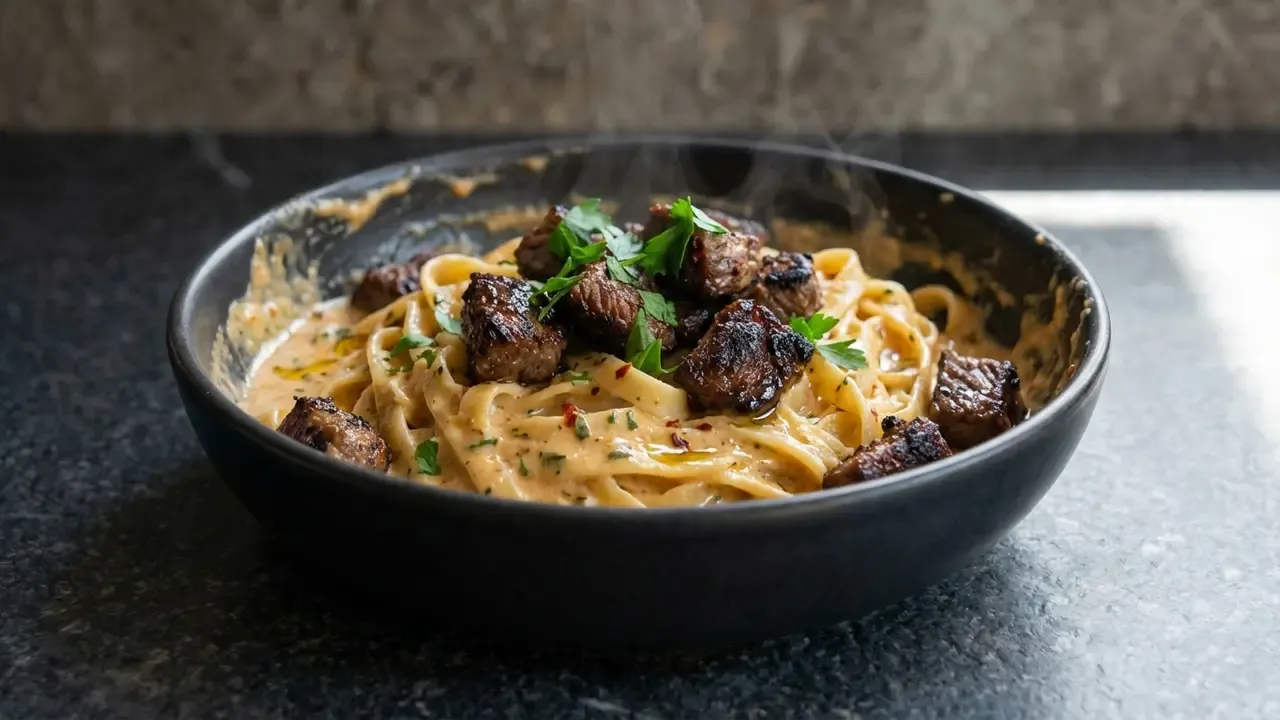 High Protein Garlic Parmesan Steak Alfredo Pasta