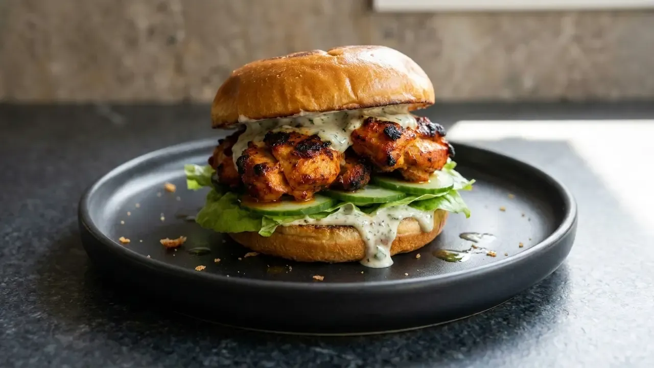 Tandoori-Hähnchen Sandwich mit Minz-Joghurt-Soße