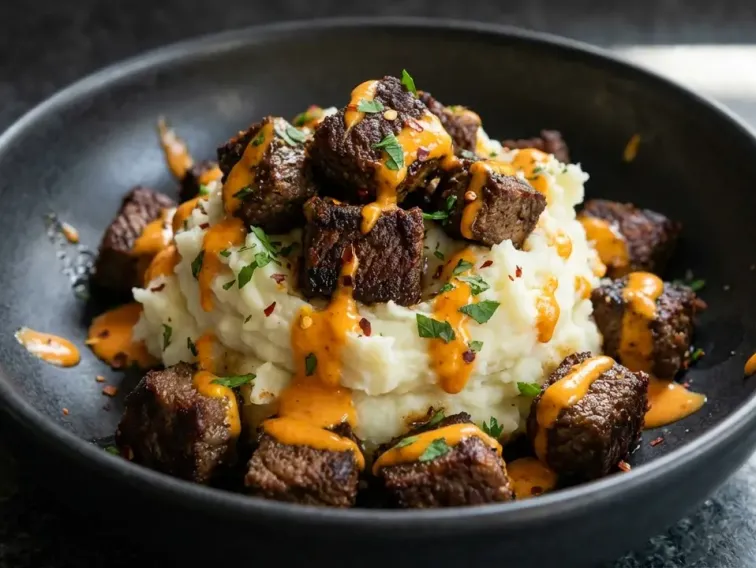Cremiges Knoblauch-Alfredo-Steak mit Kartoffelpüree