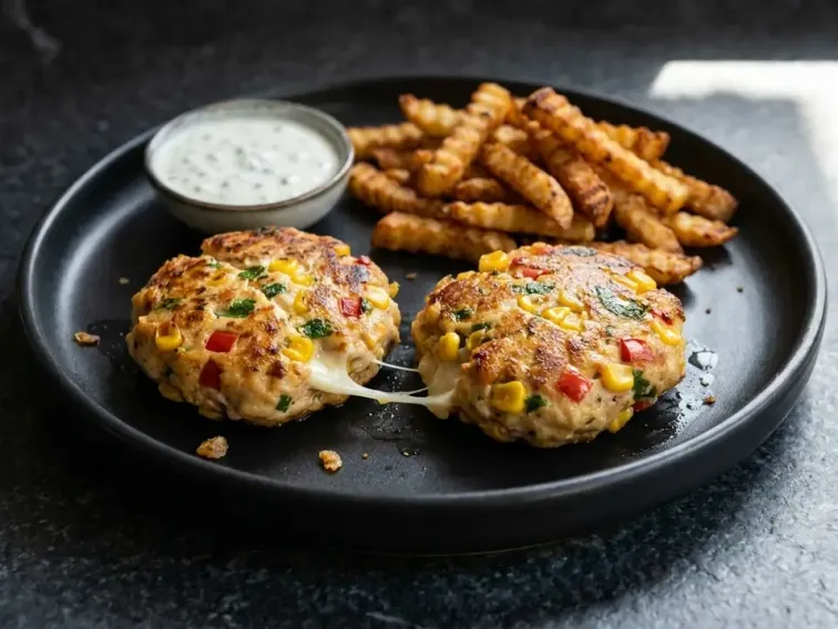 High Protein Cheesy Chicken Steaks mit Airfryer Fries