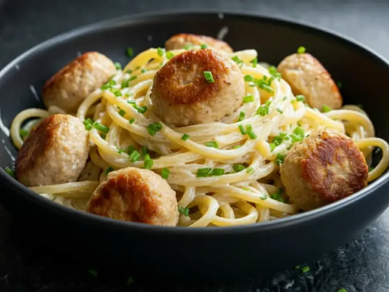 High Protein Cremige Hähnchen-Hackbällchen Pasta