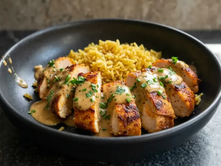 High Protein Cremiges Knoblauch-Parmesan-Hähnchen mit Reis