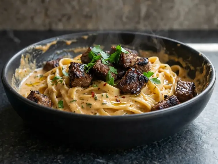 High Protein Garlic Parmesan Steak Alfredo Pasta