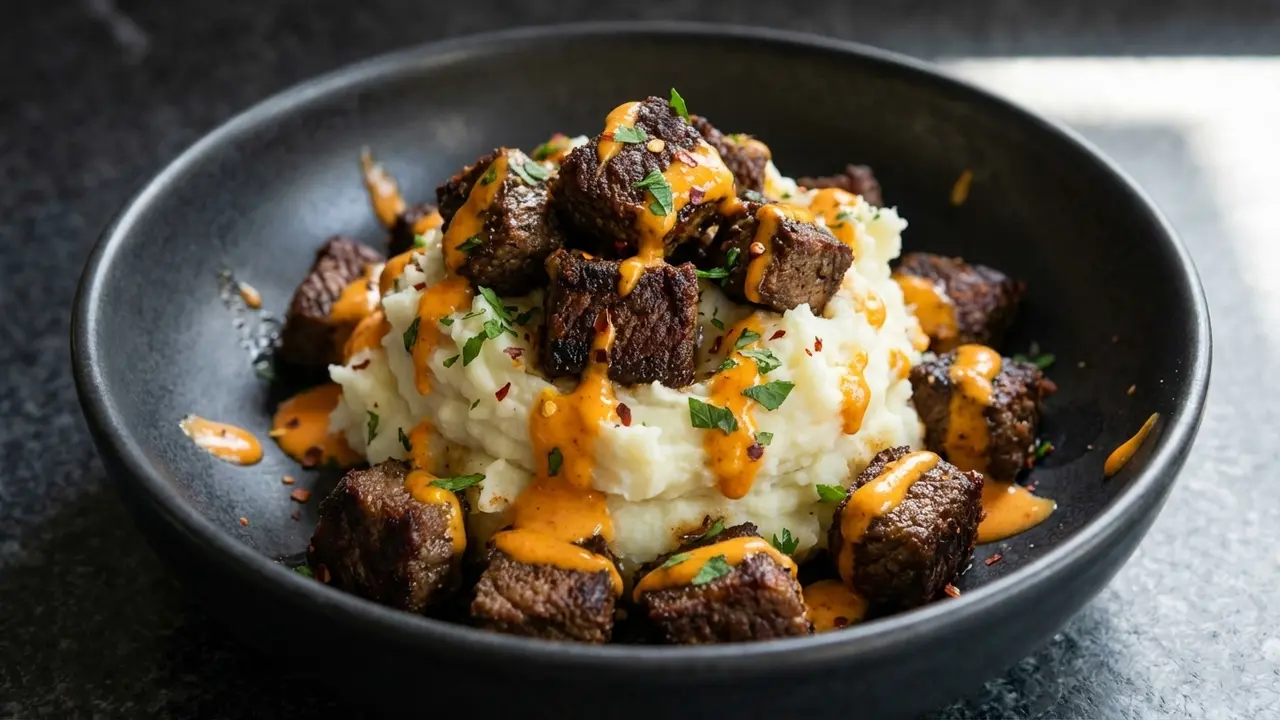 Cremiges Knoblauch-Alfredo-Steak mit Kartoffelpüree