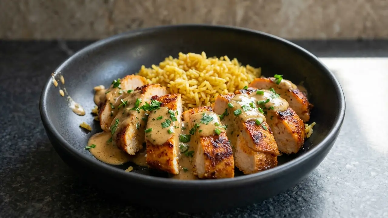 High Protein Cremiges Knoblauch-Parmesan-Hähnchen mit Reis